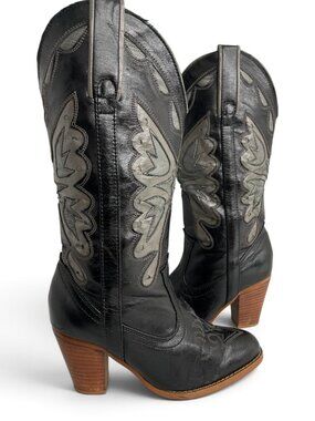 Vintage Dingo Black Gray Western Cowboy Boots Chunky Stacked Heel Women's 6.5